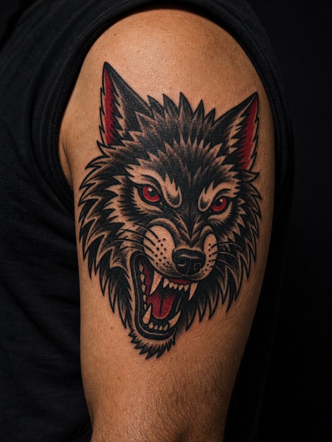 American traditional wolf head tattoo in bold black and red on an arm.