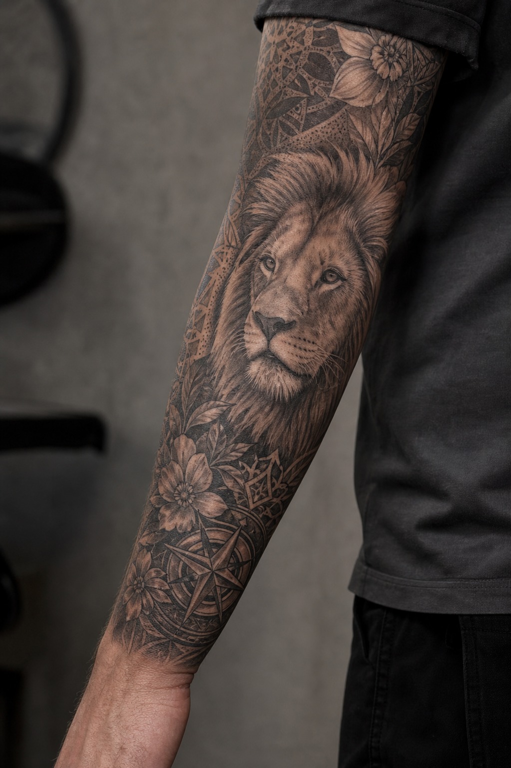 Animal portrait sleeve tattoo for men Animal portrait sleeve tattoo for men with lion forearm anchor and floral filler | Sky Rye Design Animal portrait sleeve tattoo for men with lion forearm anchor and floral filler