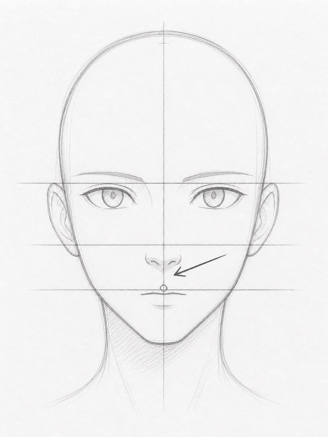 Anime face construction sketch with grid lines showing where the nose sits.