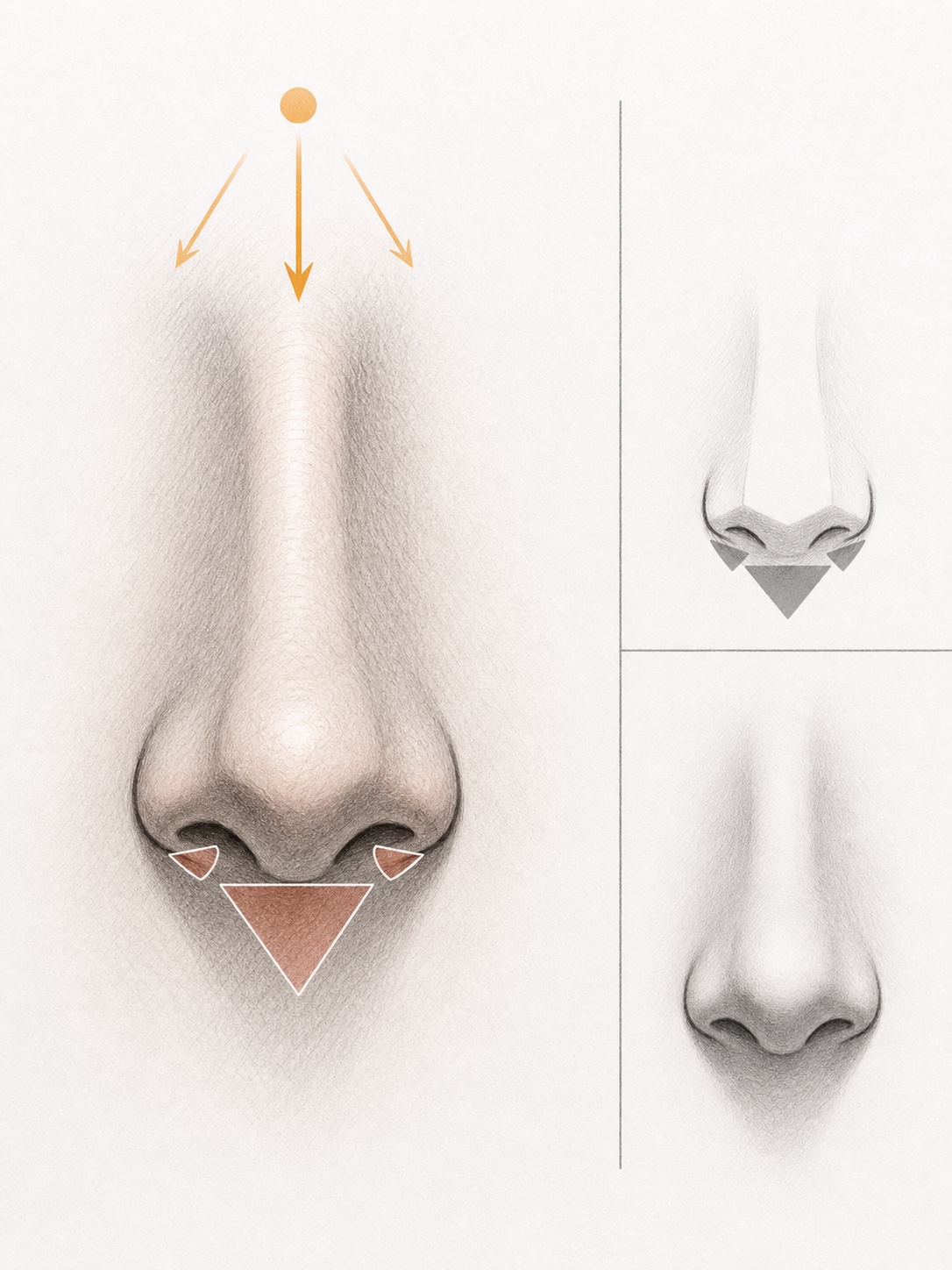 Educational sketch showing anime nose shadow placement from an upper-front light source.