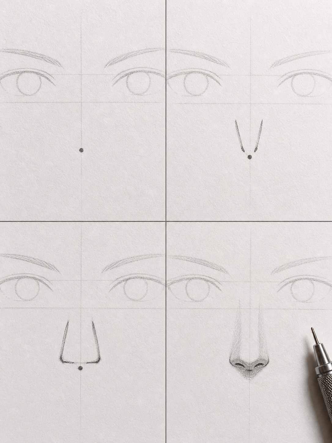 Four-panel pencil sequence for building a line-and-tip anime nose.