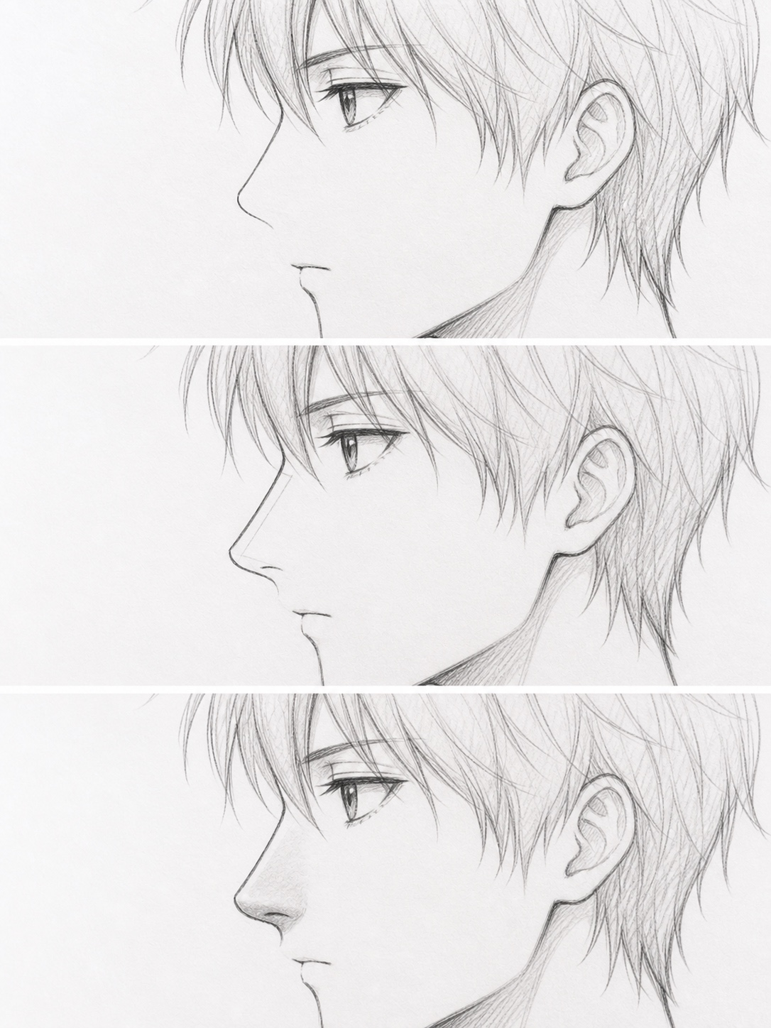 Profile-view anime face sketch showing progressive nose construction stages.
