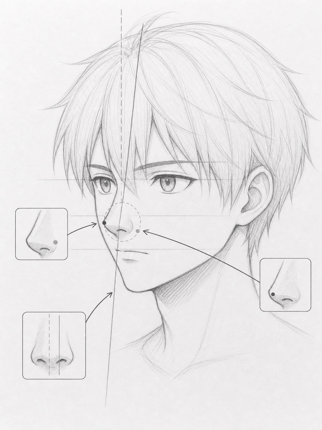 Three-quarter anime face sketch with shifted center line and offset nose placement.