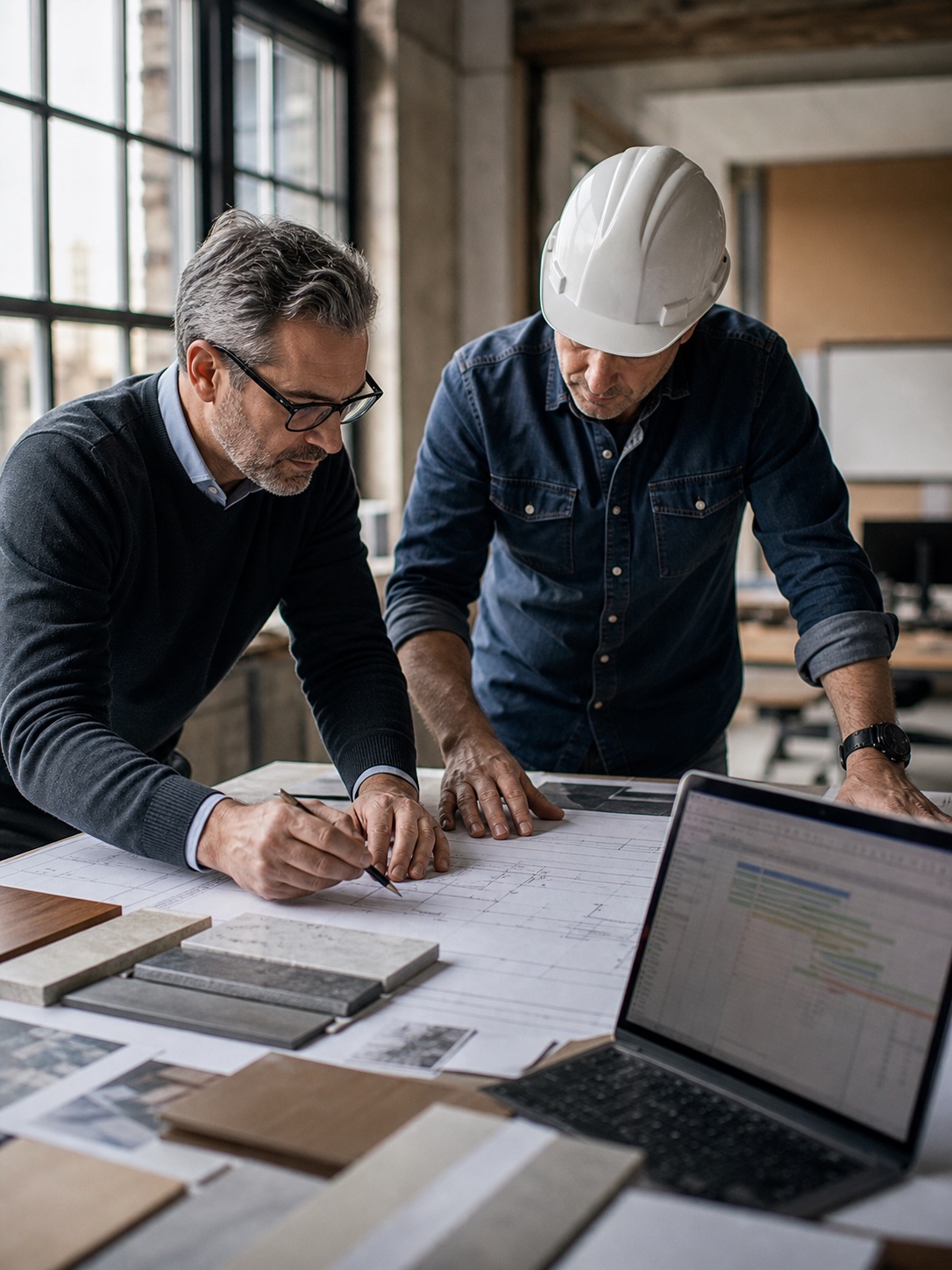 Architect and contractor reviewing blueprints, material samples, and a project schedule together.