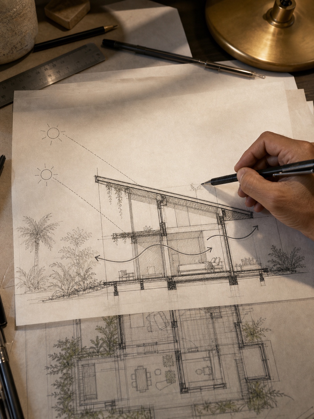A hand drawing a building section with sun angle, shading overhang, and cross-ventilation arrows over a villa plan.
