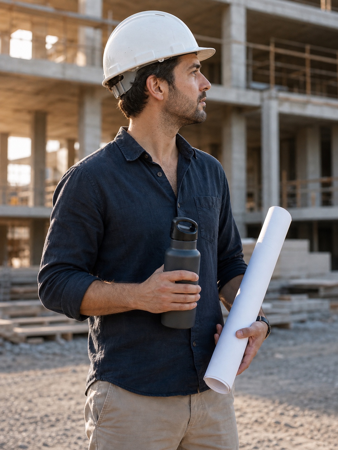 An architect on a summer site visit holding an insulated water bottle and rolled drawings.
