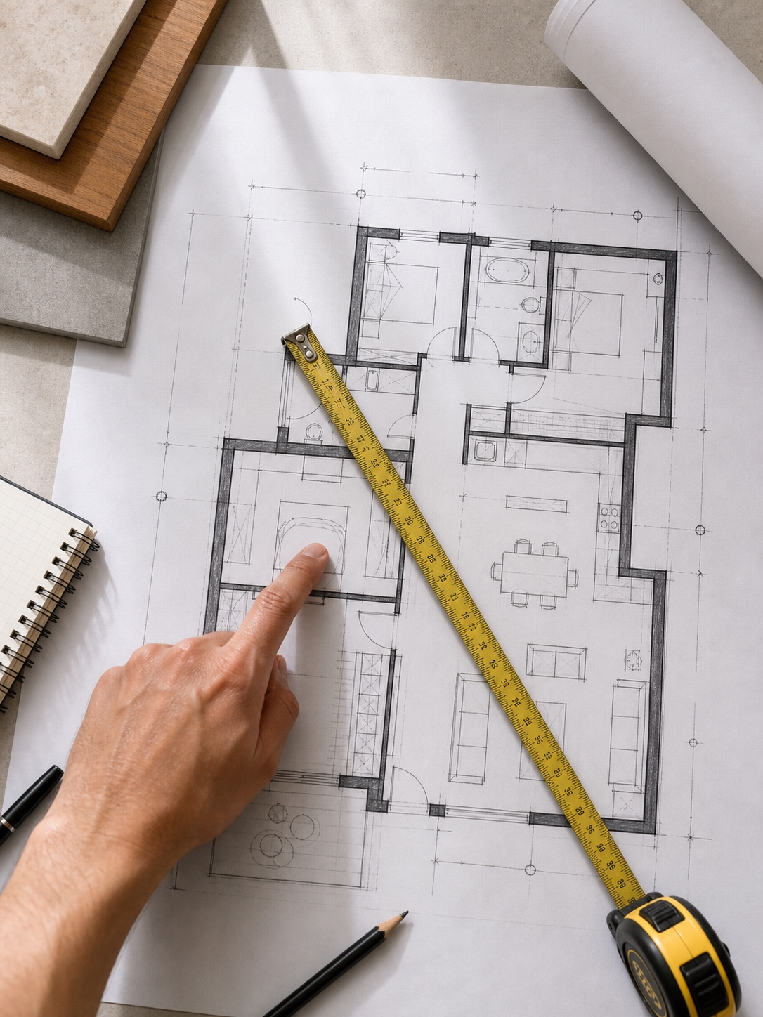 Printed architectural floor plan with measuring tape and pencil annotations on a desk