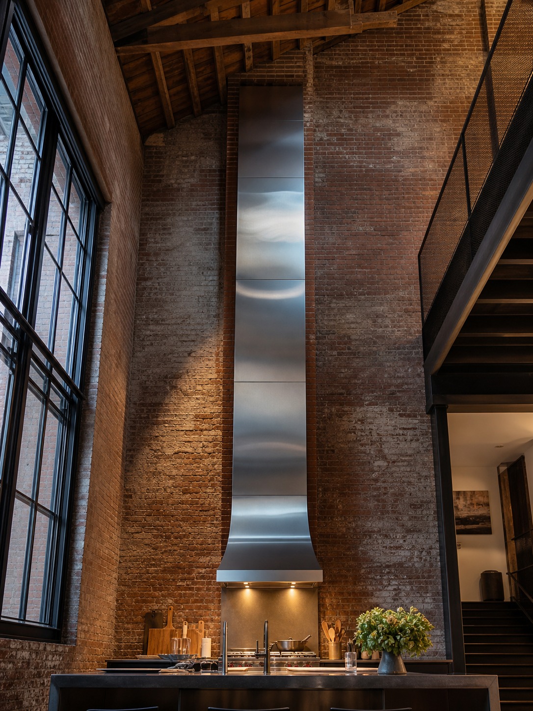 Brushed steel ventilation column rising from a cooking surface to the exposed loft ceiling.