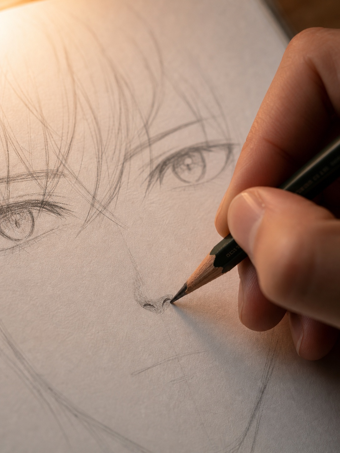 Close-up of a hand drawing an anime nose in a sketchbook under warm desk light.