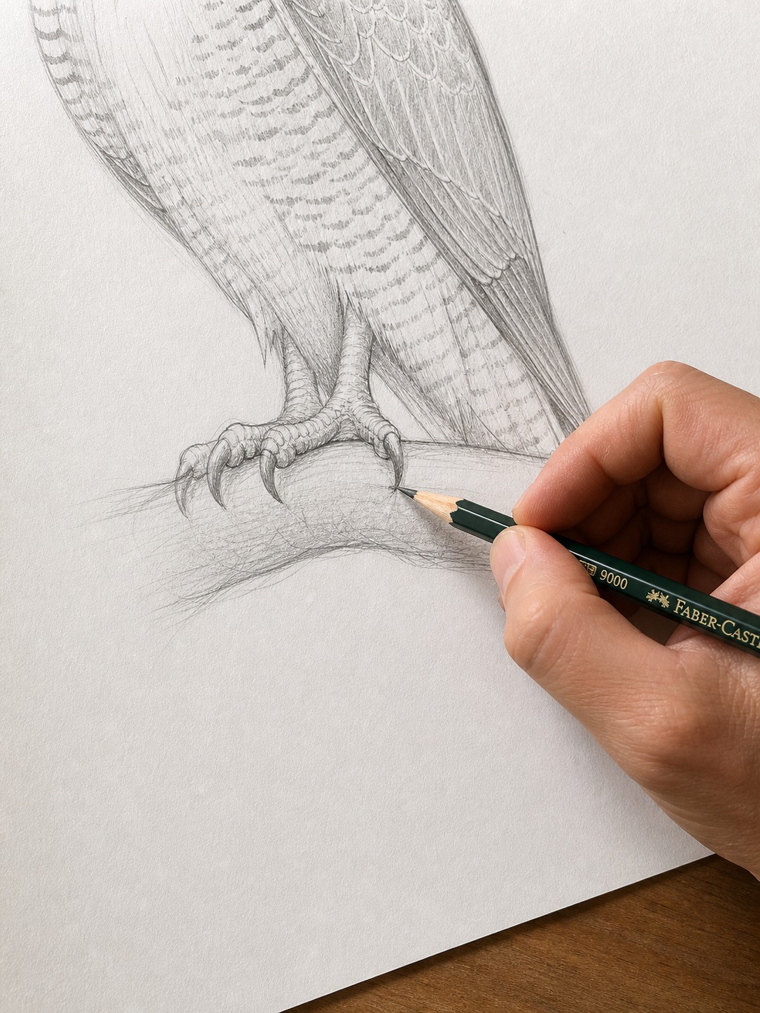 Artist drawing falcon talons gripping a perch with a 2B pencil.