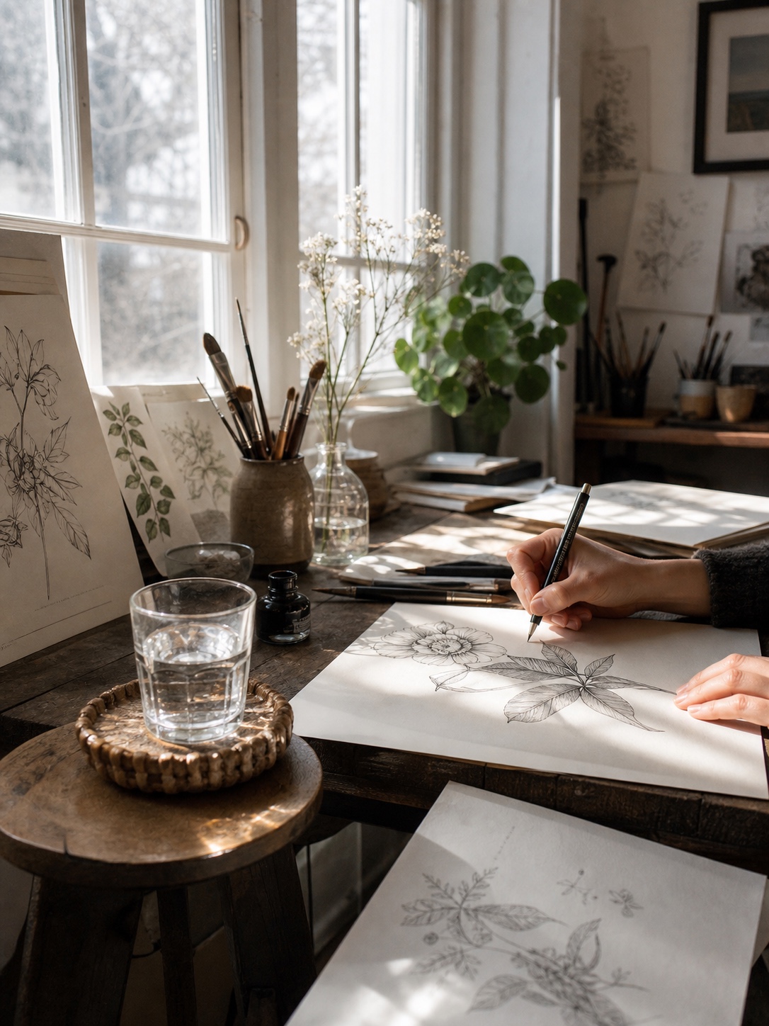 An artist working on a botanical ink illustration with a glass of water within reach.