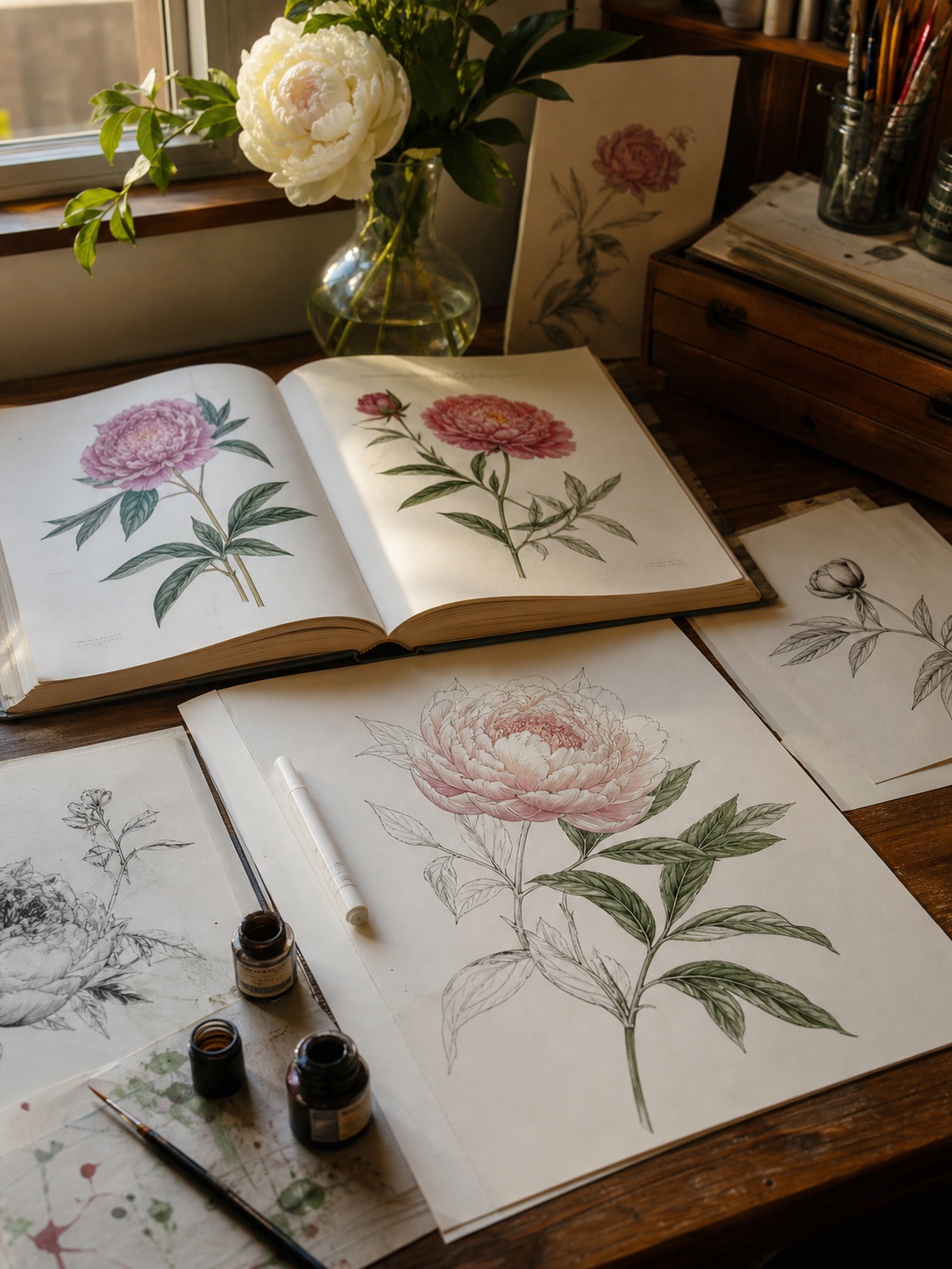 Artist desk with a botanical peony drawing in progress, open reference books, pens, ink bottles, and scattered sketches.