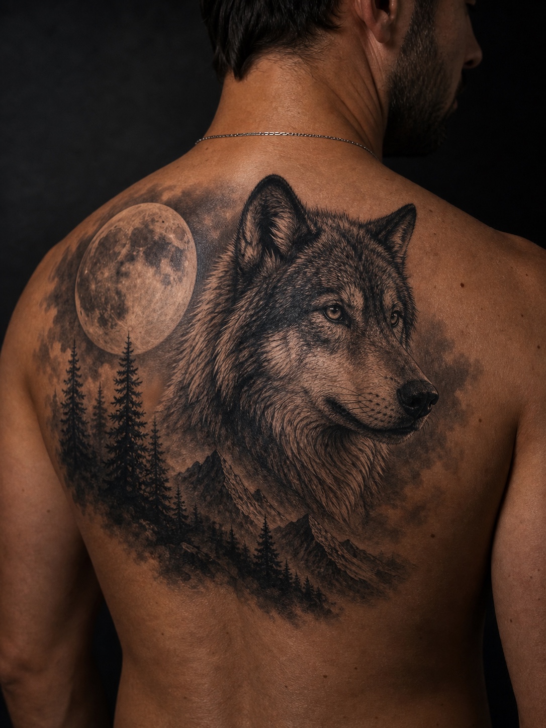 Large detailed wolf tattoo on the shoulder blade and upper back.
