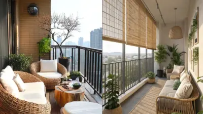 Cozy urban balcony designs with rattan furniture, potted plants, bamboo shades and city skyline views