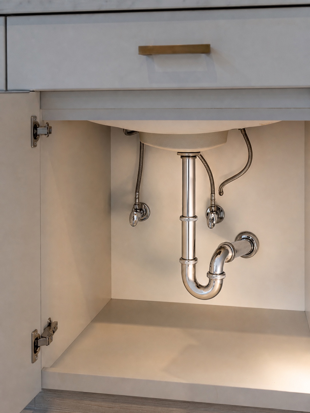 An open bathroom vanity cabinet with organized concealed plumbing, chrome shut-off valves, braided hoses, and drain connections kept accessible.