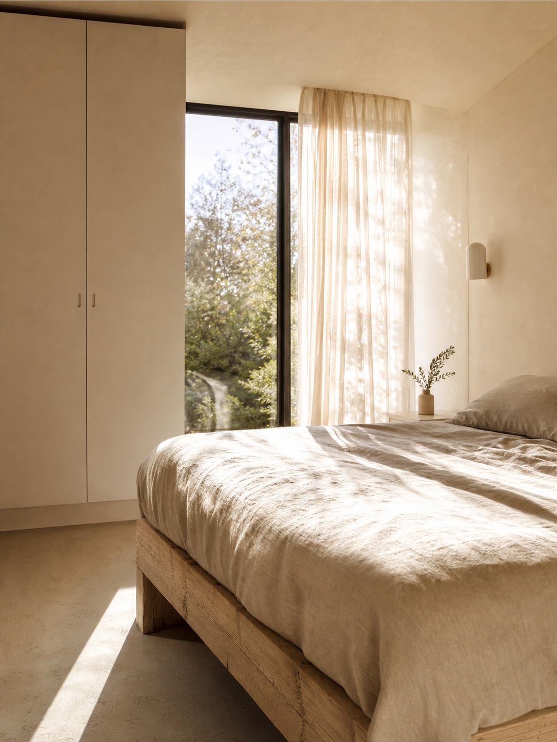 East-facing bedroom render with linen curtains, pale timber bed frame, and morning light across the room.