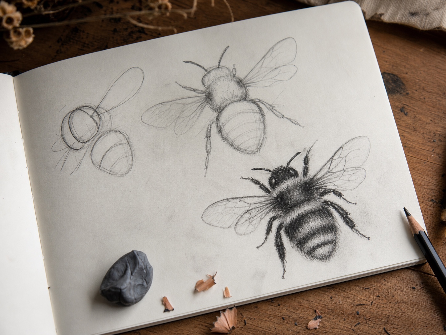Bee sketch study showing simple body shapes, fuzzy texture, wings, and graphite shading