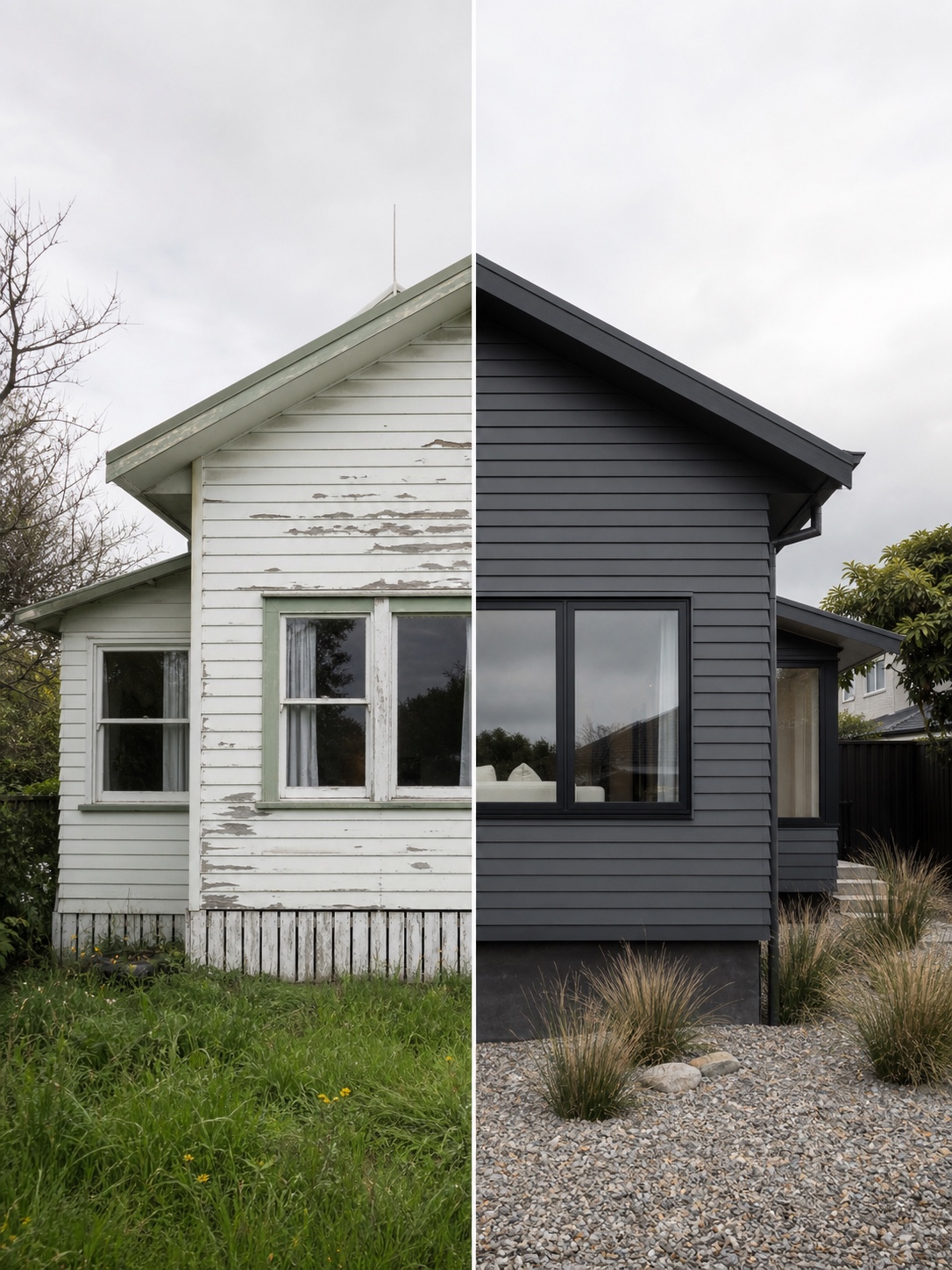 Split comparison showing a weathered timber-clad home on one side and a renovated fibre cement exterior with gravel landscaping on the other.