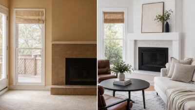 Split before-and-after view of a dated room transformed with oak floors, white walls, and modern furniture.