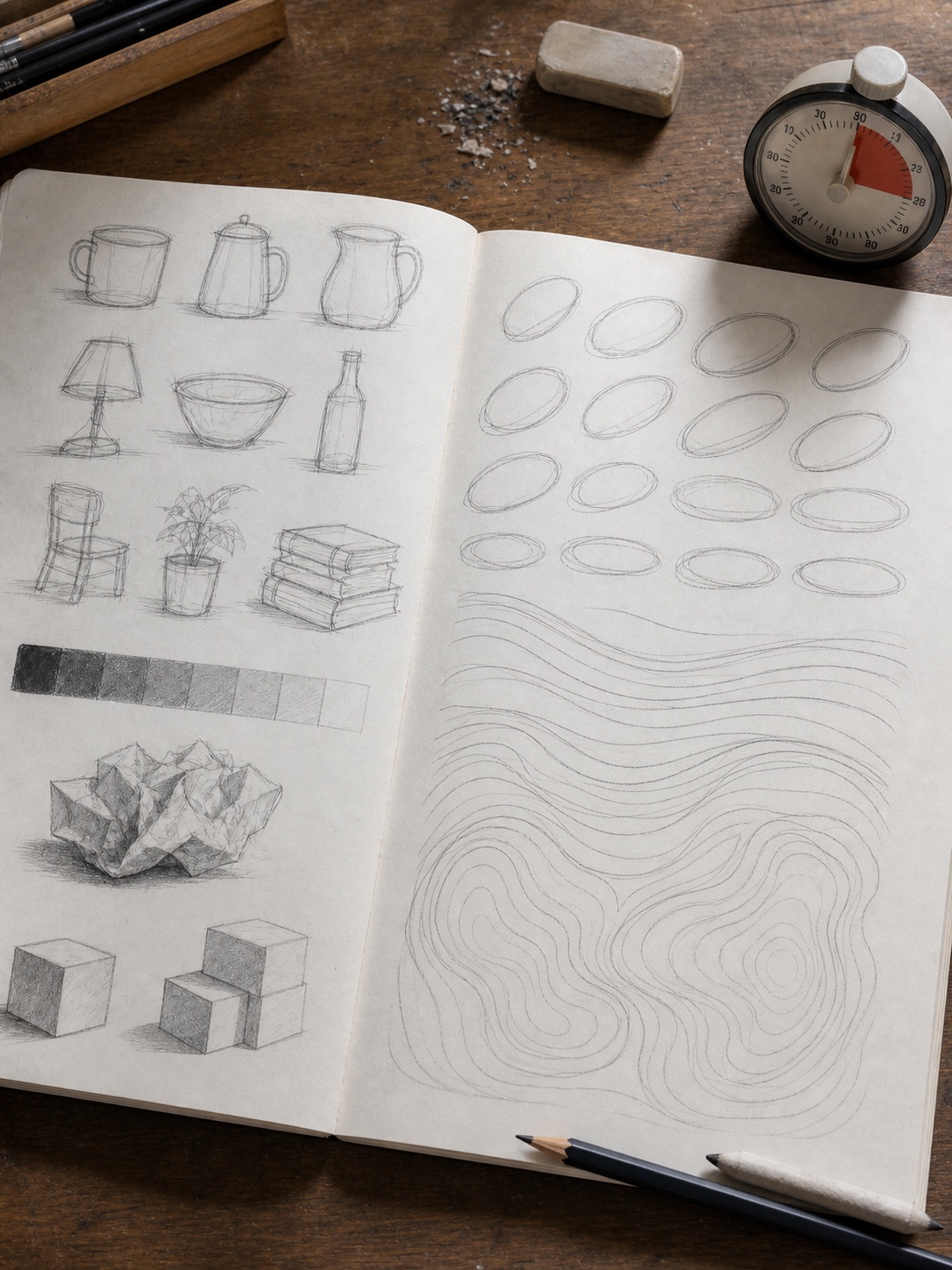 Open sketchbook showing beginner drawing practice with object thumbnails, ellipses, value scales, crumpled paper, and line drills.