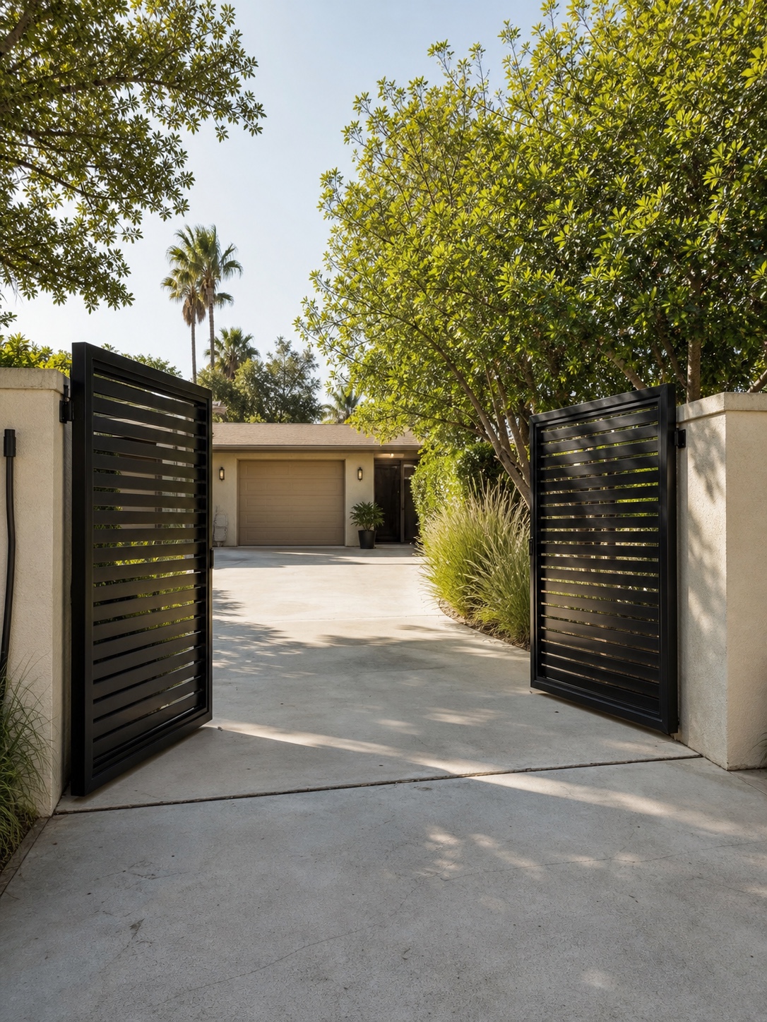 Black aluminum double swing driveway gate open at a Van Nuys residential property