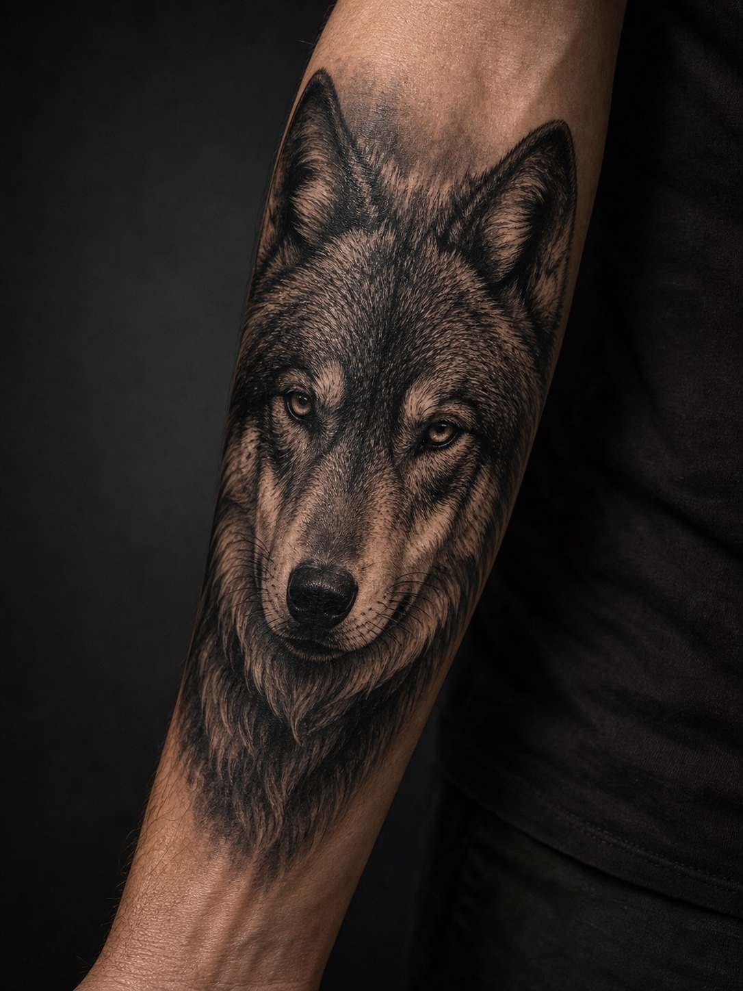 Black and grey realistic wolf portrait tattoo on a forearm.