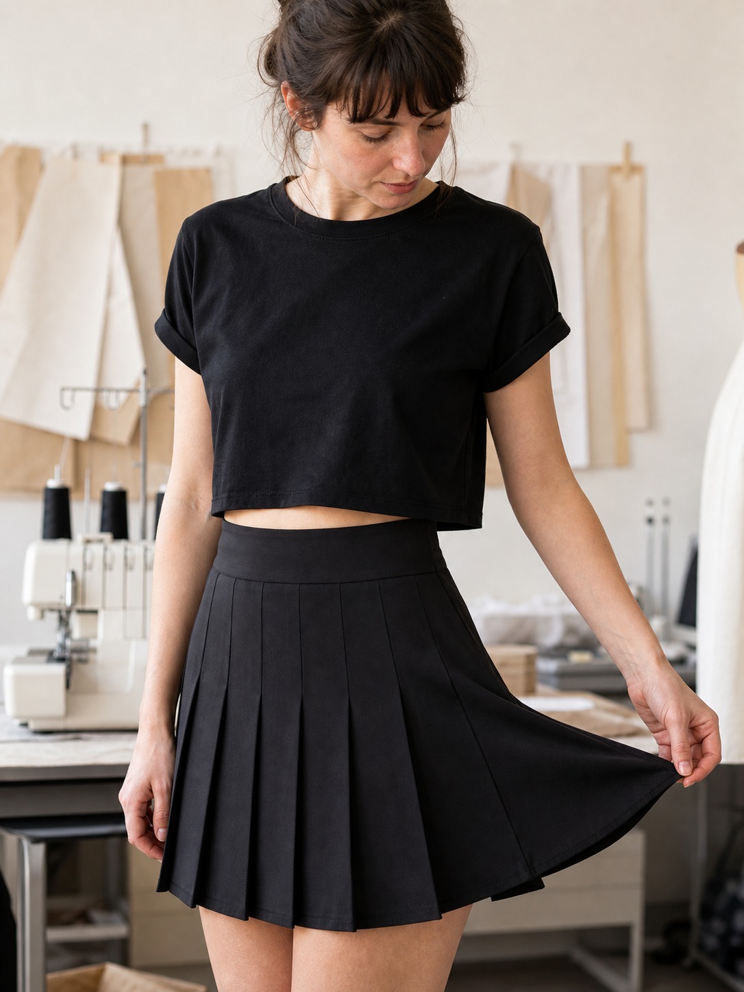 Adult woman wearing a black T-shirt and high-waisted pleated skirt with neat seam finishing.