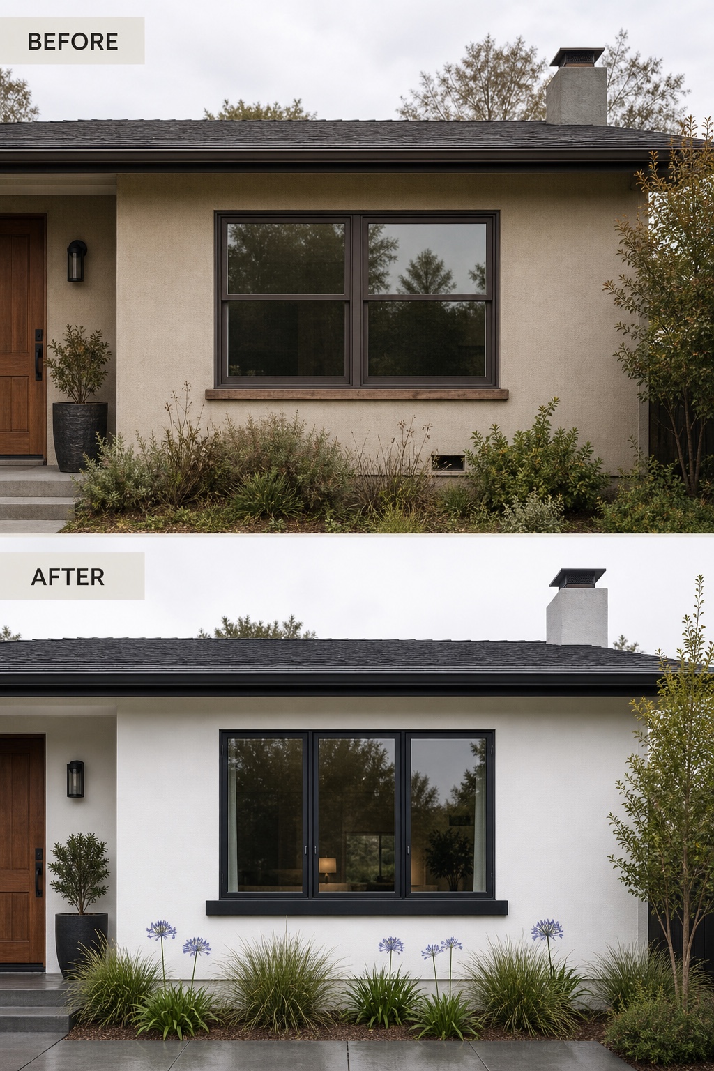Before and after ranch house facade with old bronze aluminum windows replaced by slim black steel-profile frames and updated planting.