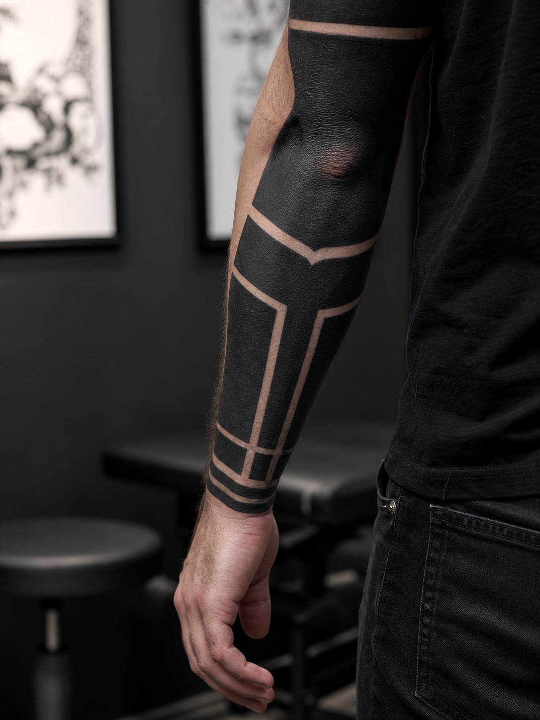 Blackwork forearm sleeve tattoo for men Blackwork forearm sleeve tattoo for men with geometric negative space | Sky Rye Design Blackwork forearm sleeve tattoo for men with geometric negative space