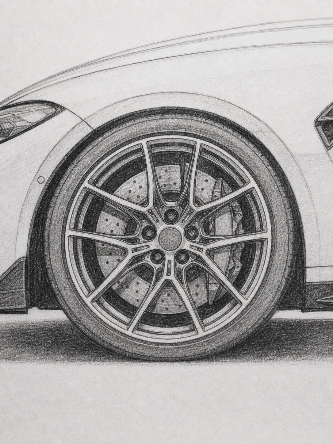 Close-up pencil sketch of a BMW M-Sport wheel, tire, brake caliper, and flared arch.