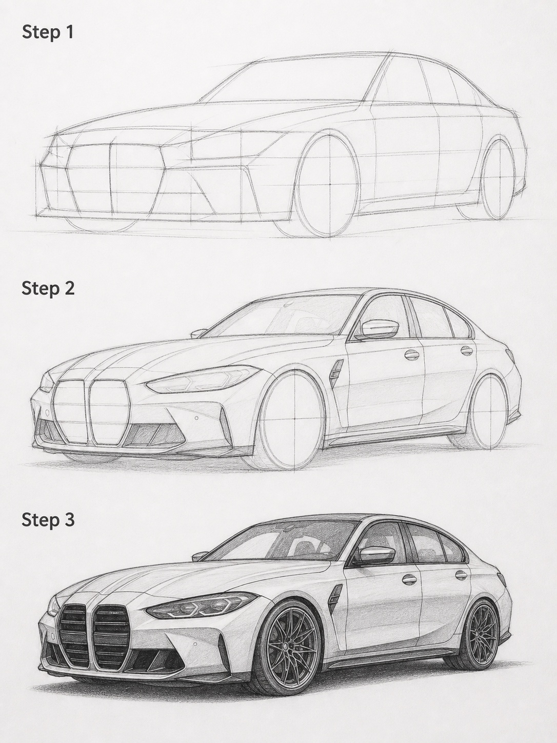 Three-step BMW M3 drawing construction from bounding box to shaded sketch.