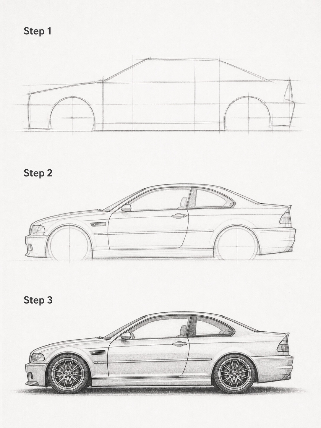 Three-step BMW M3 E46 side profile drawing guide from construction to shading.