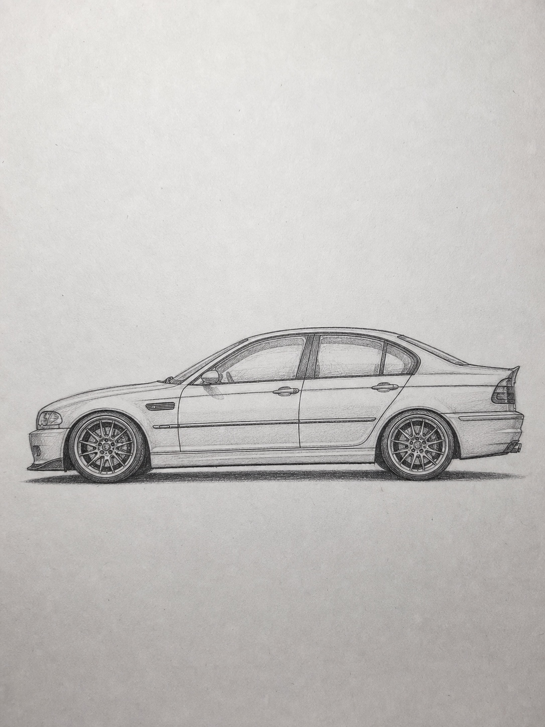 Pencil sketch of a classic BMW M3 E46 side profile with flowing body lines.