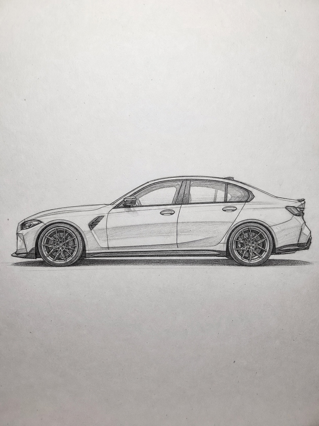 Pencil sketch of a BMW M3 G80 side profile with wide rear fenders and clean body lines.