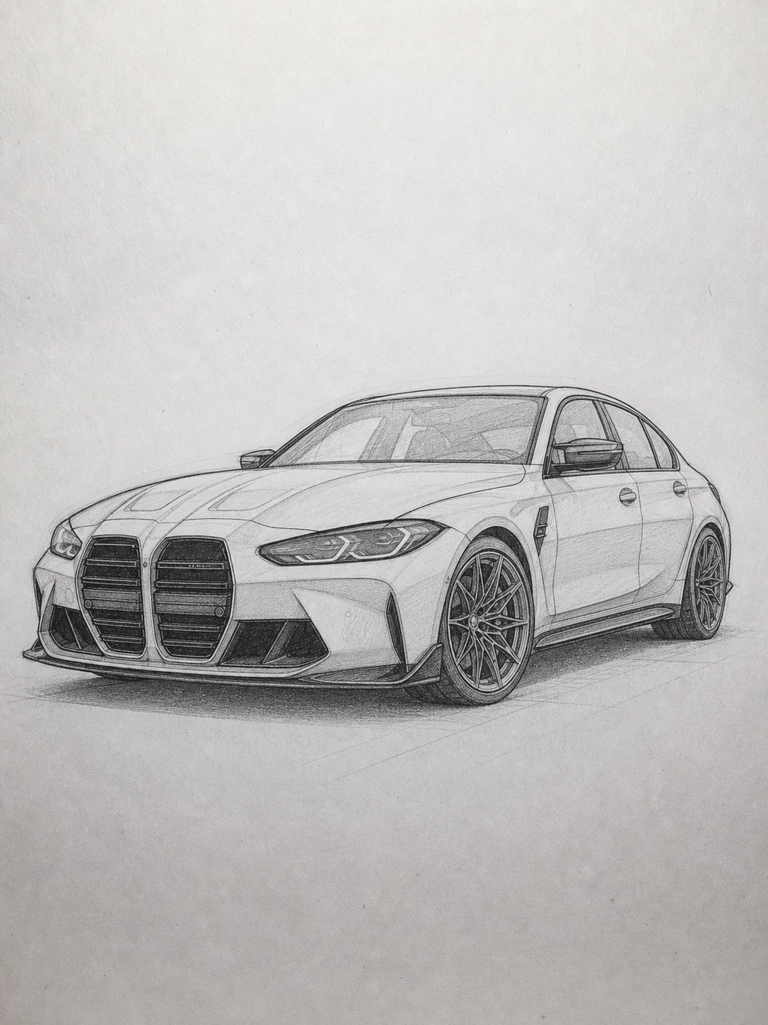 Three-quarter front pencil sketch of a BMW M3 G80 with kidney grille and front fender shading.