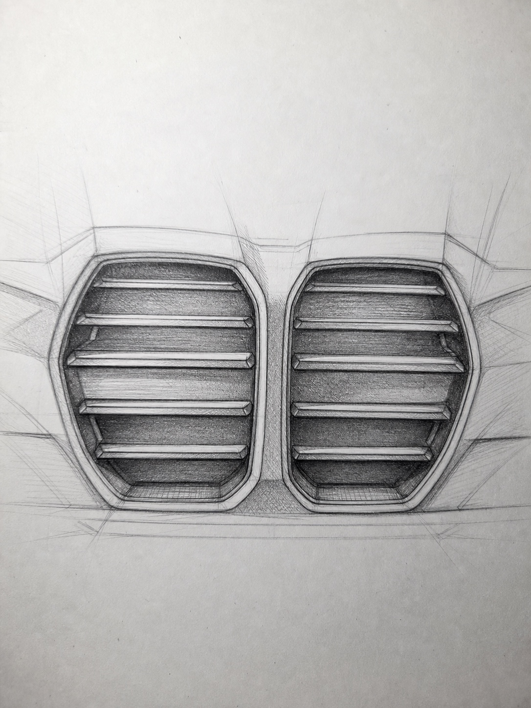 Detailed pencil study of a BMW M3 G80 kidney grille shape and slat depth.