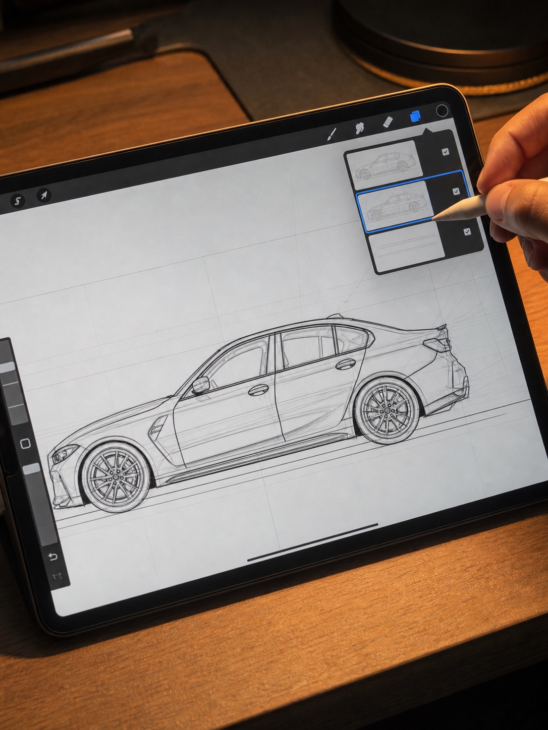 Digital BMW M3 line drawing workflow on a tablet with clean perspective sketch layers.