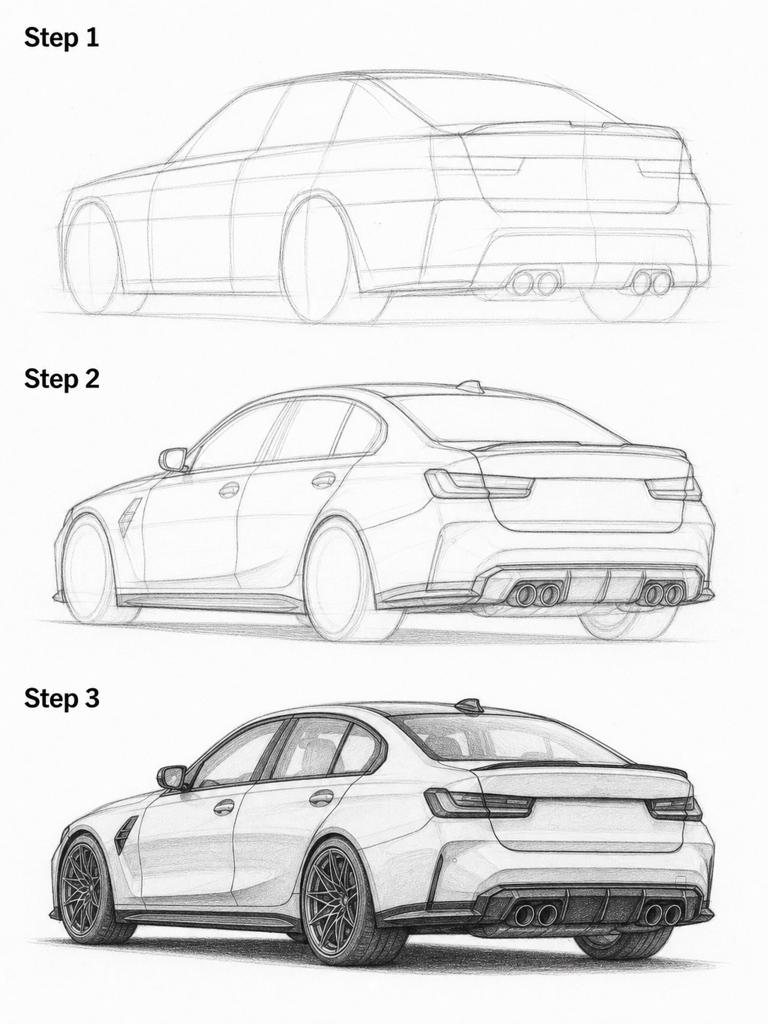 Three-step rear three-quarter BMW M3 drawing guide with trunk spoiler and quad exhausts.