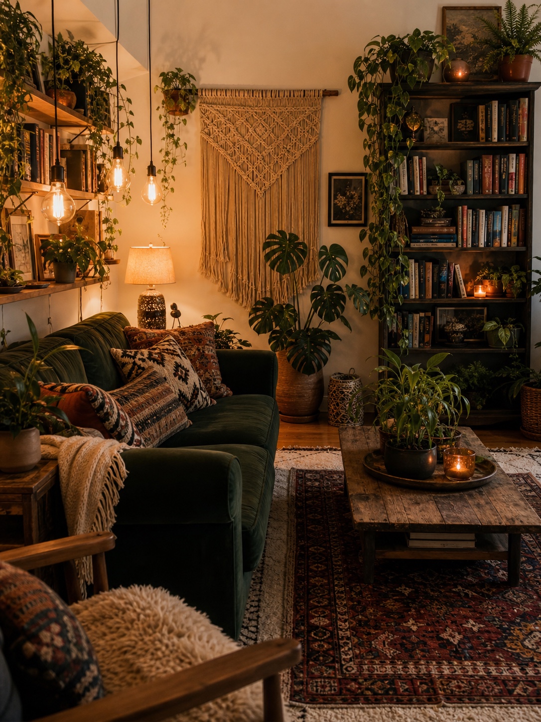 Bohemian family room with layered rugs, macrame wall art, eclectic bookshelves, plants, and warm lighting.