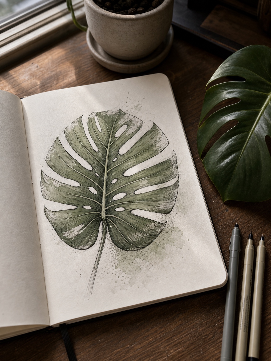 Sketchbook page with a monstera leaf ink drawing and soft green watercolor wash.