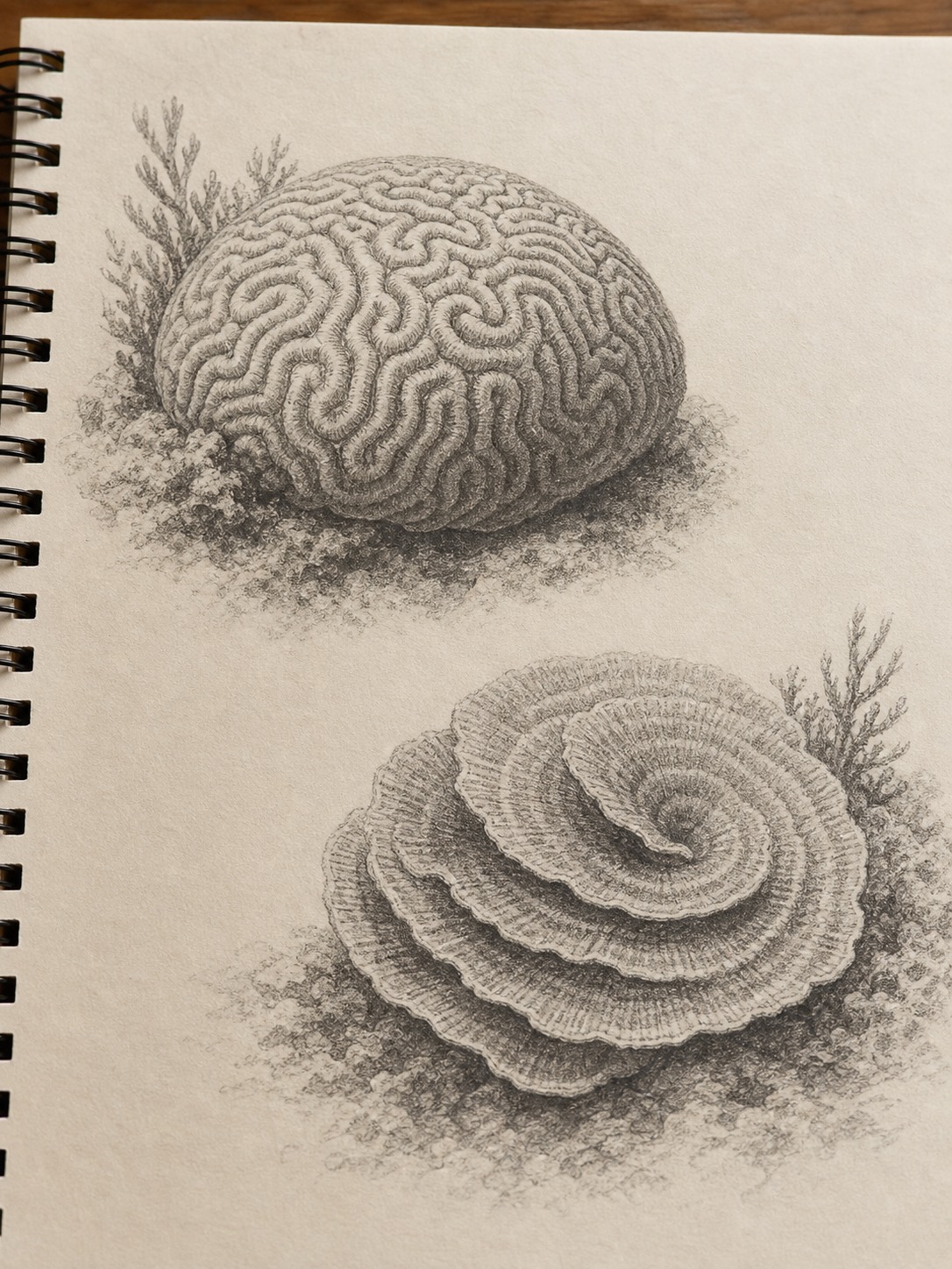 Side-by-side graphite study of brain coral grooves and plate coral rings.