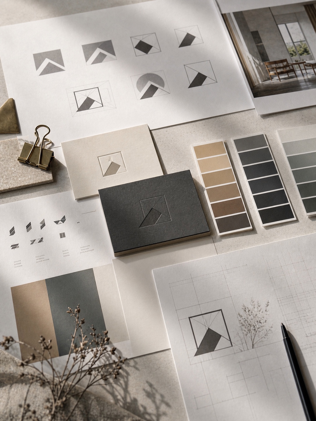 Brand identity project spread with logo variations, color palette chips, business card mockups, and typography specimens.
