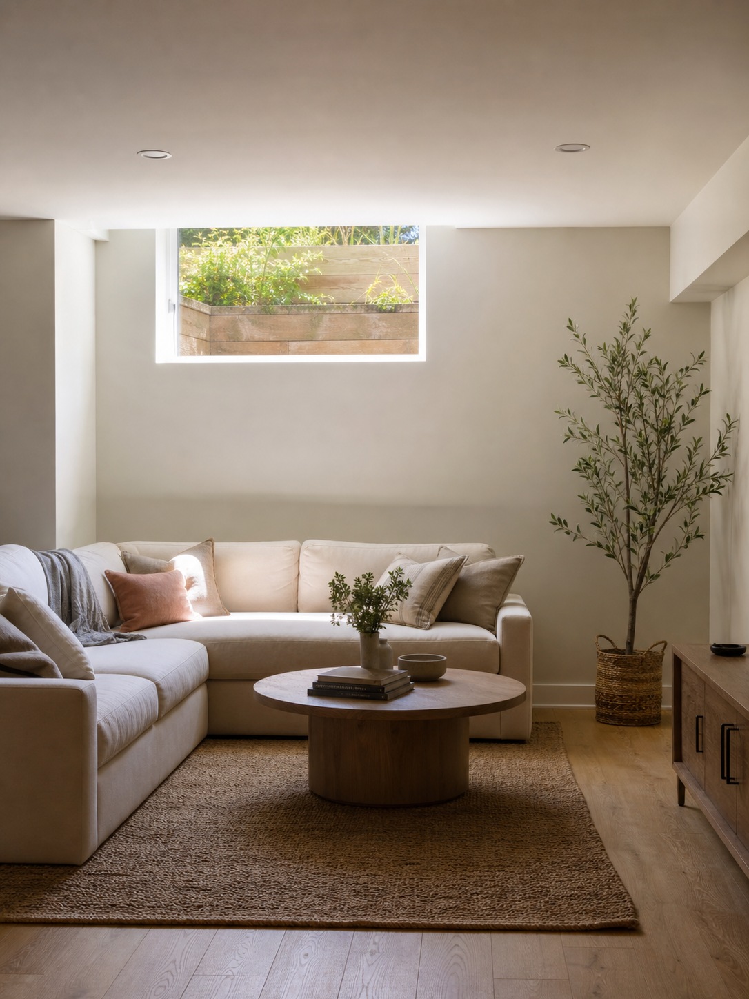Bright daylight basement with recessed light well A daylight basement room stays bright through a recessed light well window near the ceiling. | Sky Rye Design A daylight basement room stays bright through a recessed light well window near the ceiling.