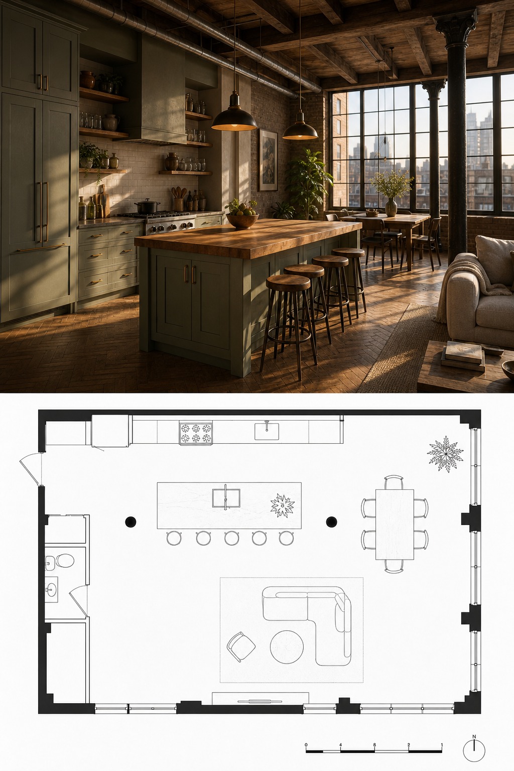 Split-panel reference of a brutalist concrete loft kitchen with monolithic island above a floor plan.