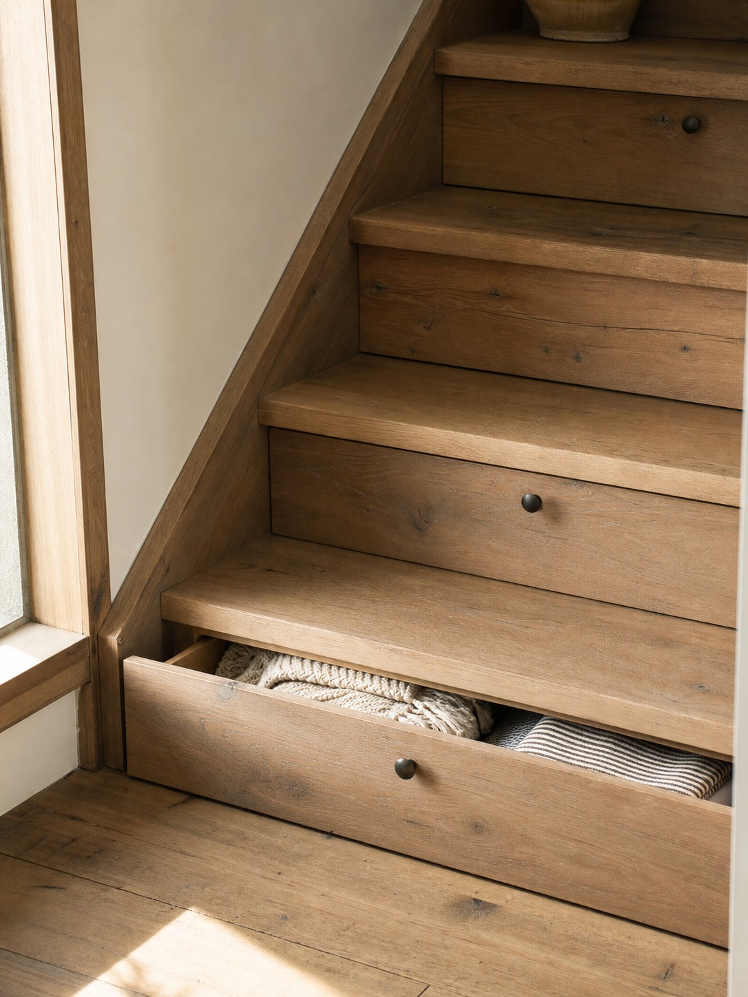 Built-in stair drawer storage Wooden stair risers contain pull-out drawers, with one drawer partly open to show stored linens. | Sky Rye Design Wooden stair risers contain pull-out drawers, with one drawer partly open to show stored linens.
