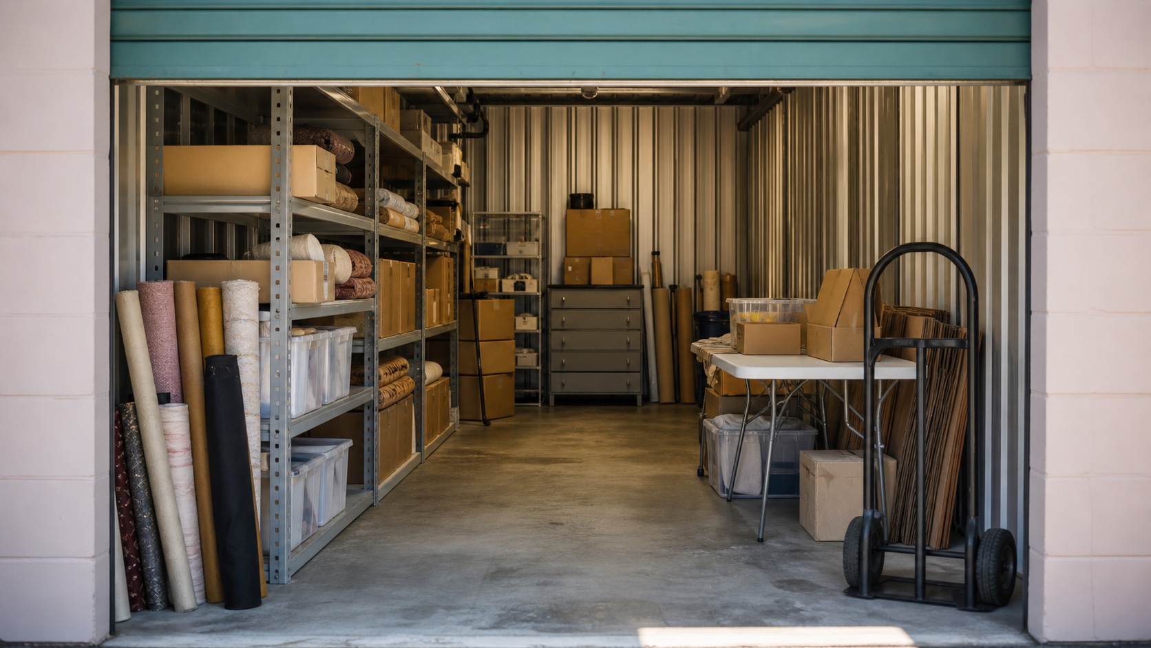 Organized self-storage unit with shelving, fabric rolls, boxes, bins, and a clear aisle
