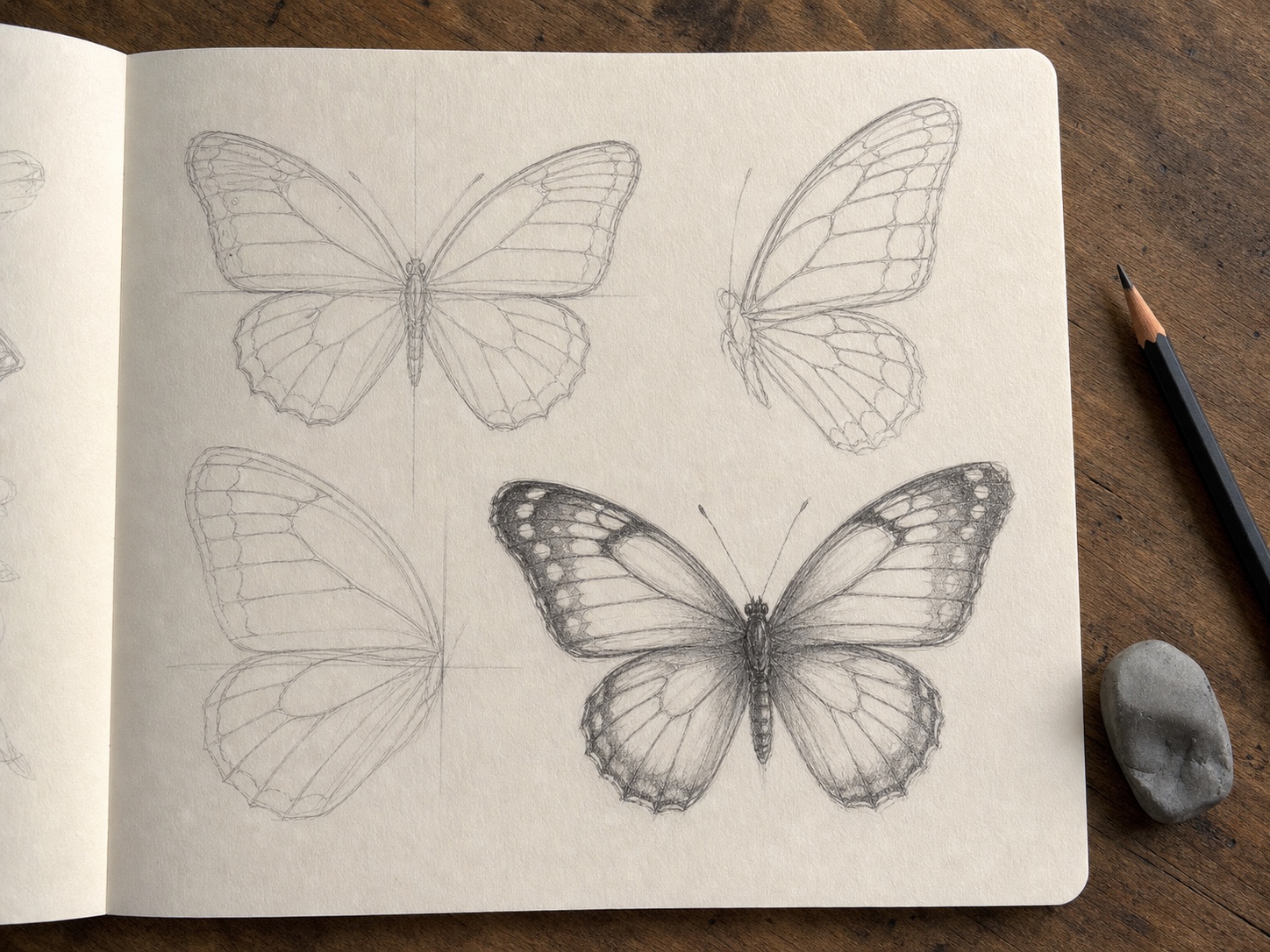 Butterfly wing drawing study with symmetry guides and pencil vein details