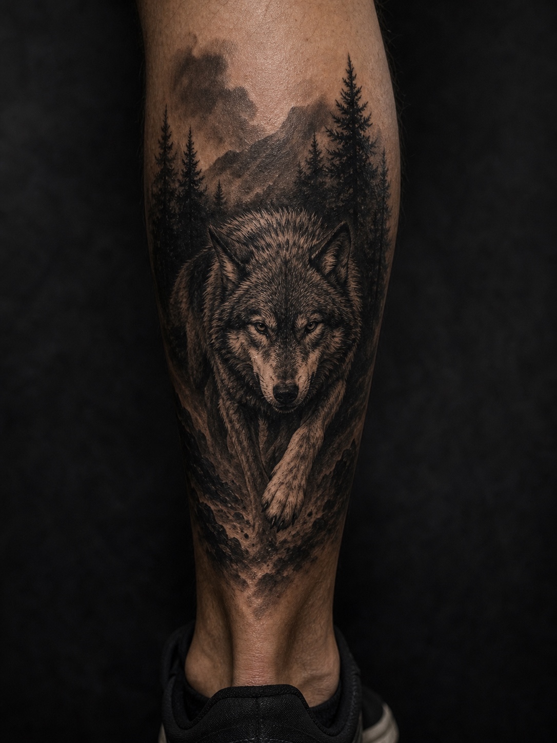 Running wolf tattoo on the calf with a dark landscape.