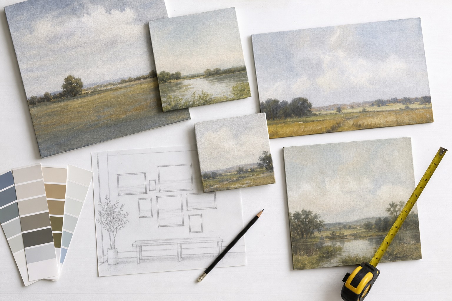 Flat lay of canvas art samples, color swatches, pencil, measuring tape, and sketch.