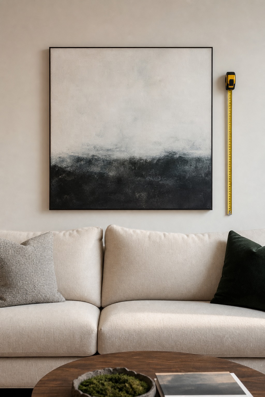 Canvas above a sofa with measuring tape showing correct hanging height.